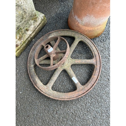 100C - Terracotta chimney pot 11 inches tall and 2 industrial metal wheels