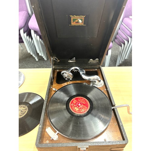 344 - His Master's Voice grammar phone and a selection of shellac records