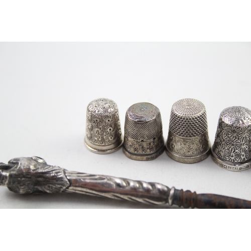 40 - 8 x .925 sterling thimbles & handled button hook