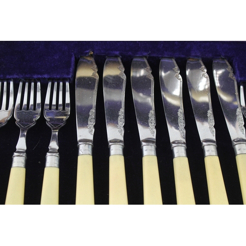 84 - Vintage Cutlery Sets Wooden Canteens 12/14 Piece Fish Cutlery Ivorine x2 3183g