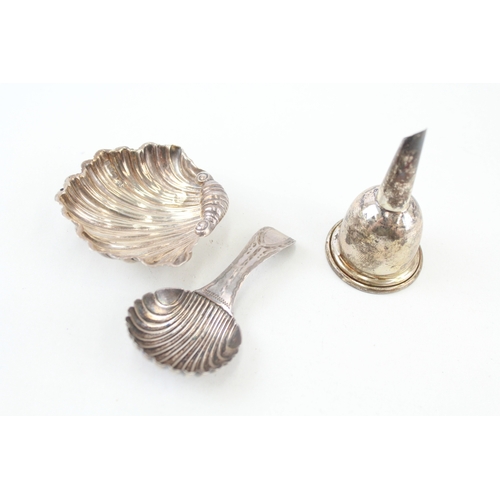 82 - 3 x .925 sterling salt dish, caddy spoon & funnel inc georgian