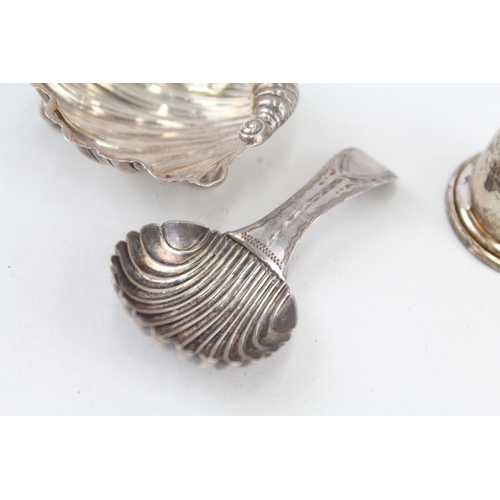 82 - 3 x .925 sterling salt dish, caddy spoon & funnel inc georgian