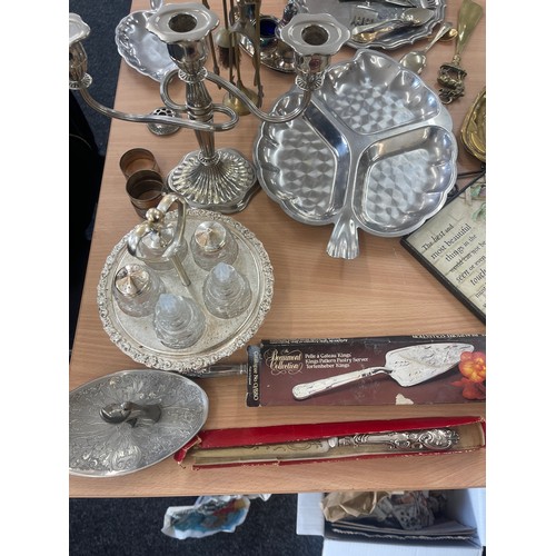 397 - Large selection of assorted metal ware includes brass, stainless steel etc