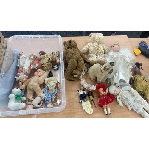 396 - Large selection of assorted teddies and dolls includes Pot etc