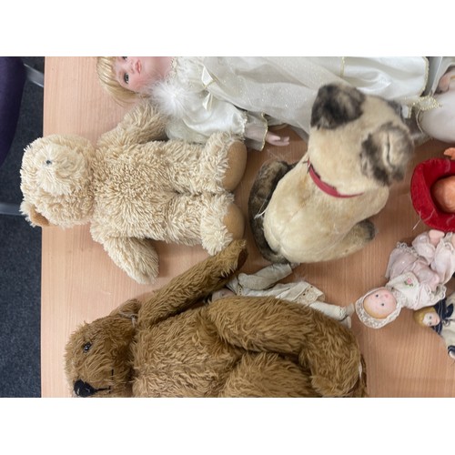 396 - Large selection of assorted teddies and dolls includes Pot etc