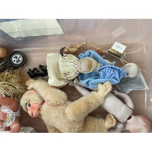 396 - Large selection of assorted teddies and dolls includes Pot etc