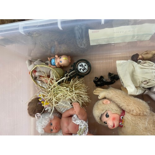 396 - Large selection of assorted teddies and dolls includes Pot etc