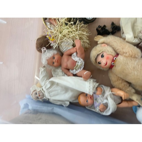 396 - Large selection of assorted teddies and dolls includes Pot etc