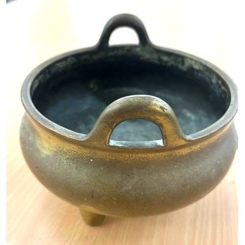 577 - Chinese brass 3 legged bowl, marks to base