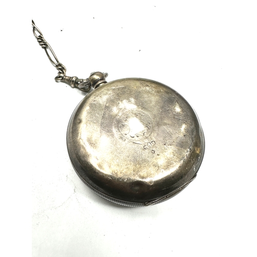 347 - Antique silver open face pocket watch the watch is ticking with silver watch chain no t-bar missing ... 