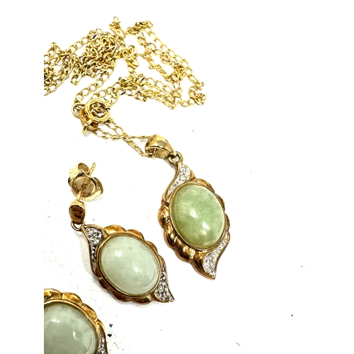 132 - 9ct gold diamond & jade pendant necklace & earring set weight  6.6g