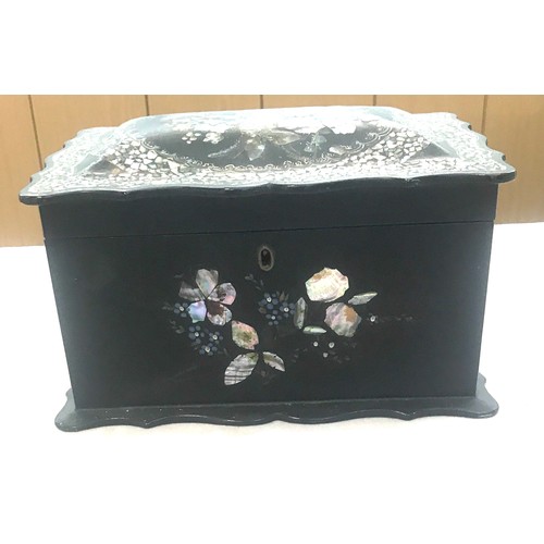 543 - Antique Victorian papier mache tea caddy inlaid with mother of pearl and abalone, good overall condi... 