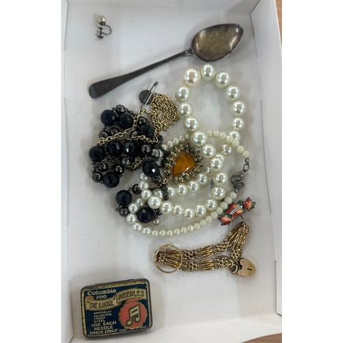 532 - Selection of pearl necklaces costume jewellery and a silver spoon