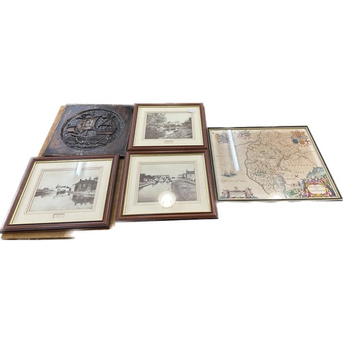 75 - Selection of framed prints two include three matching scene prints, a map and a carved wooden plaque... 