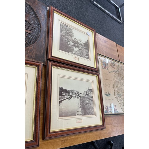 75 - Selection of framed prints two include three matching scene prints, a map and a carved wooden plaque... 