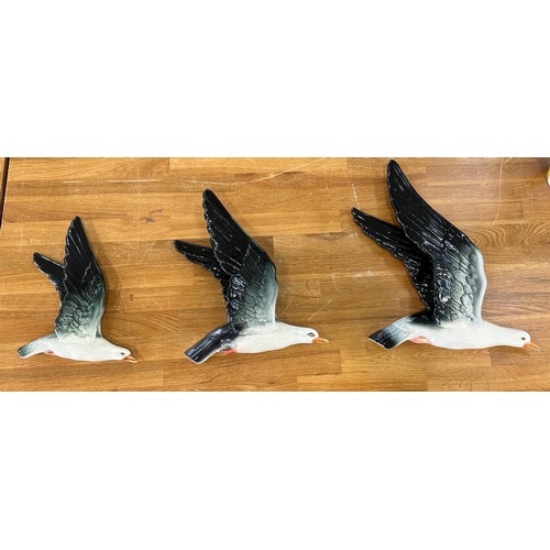 573 - Three piece graduating hand painted gulls largest measures approx 14 inches wide