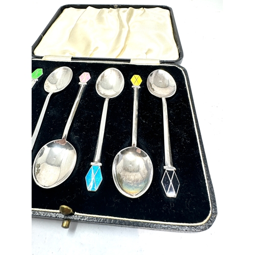 14 - Boxed set of silver & enamel tea spoons birmingham silver hallmarks all in good condition