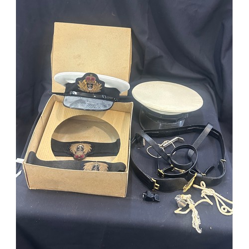 445 - 2 Vintage Navy hats, 1 boxed,  with a selection of whistles, belts etc