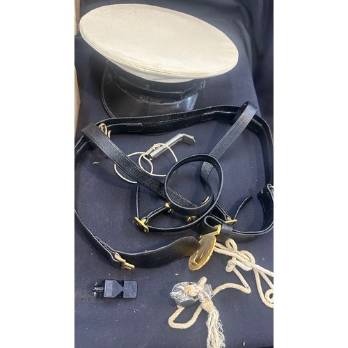 445 - 2 Vintage Navy hats, 1 boxed,  with a selection of whistles, belts etc