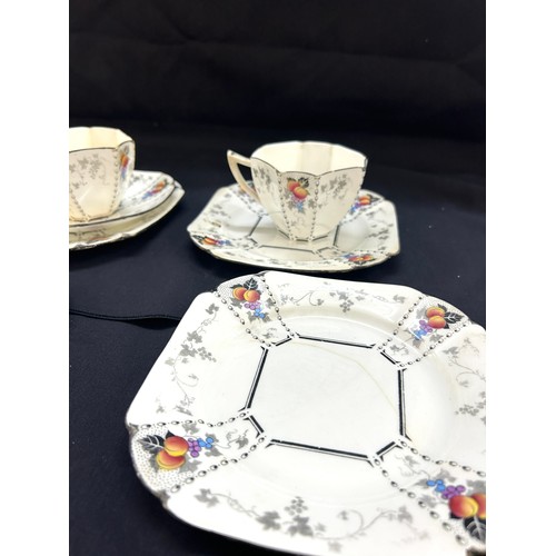 590 - Antique Shelley Peaches and Grapes Queen Anne Demitasse coffee cup, saucers, sandwich plates