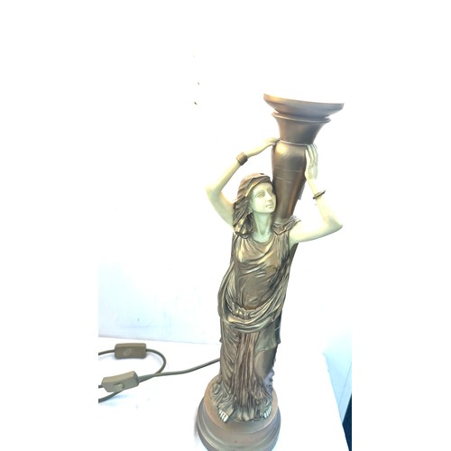 85 - Pair gold lady with flame shaped table lamps, working order, overall height 28 inches