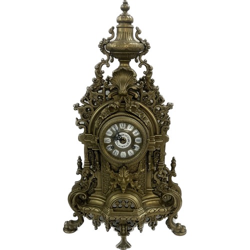 74 - Ornate French brass mantel clock with enamel face, with key, depicting cherubs, Height 24 inches, Wi... 