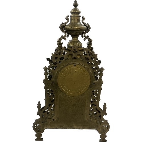 74 - Ornate French brass mantel clock with enamel face, with key, depicting cherubs, Height 24 inches, Wi... 