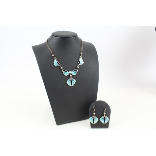 318 - A silver Art Nouveau style enamel necklace and earring set by Malcom Gray (24g)