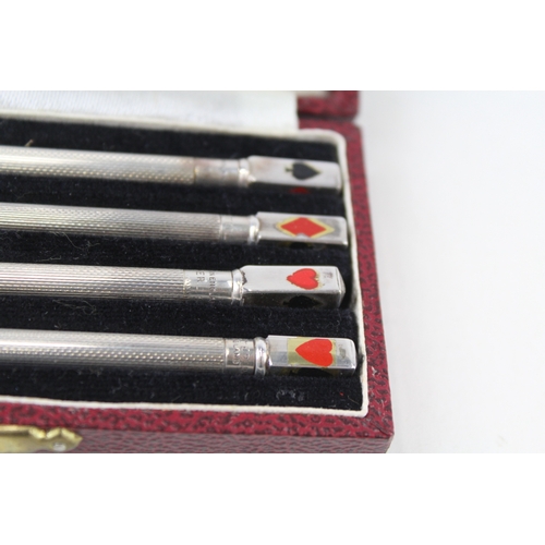 65 - 4 x .925 sterling cribbage pencils w/ enamel detail, fitted case etc