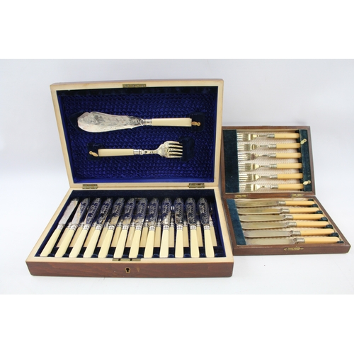 587 - Vintage Cutlery Sets EPNS FishSets Ivorine Wooden Canteen w/ Fish Engraving x2