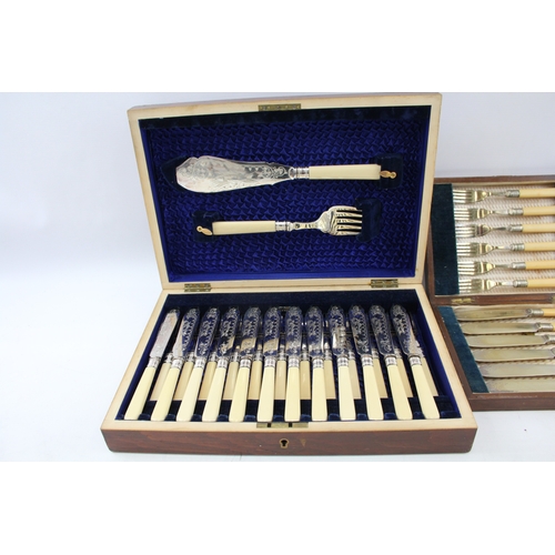 587 - Vintage Cutlery Sets EPNS FishSets Ivorine Wooden Canteen w/ Fish Engraving x2