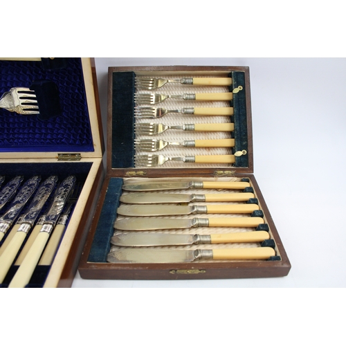 587 - Vintage Cutlery Sets EPNS FishSets Ivorine Wooden Canteen w/ Fish Engraving x2