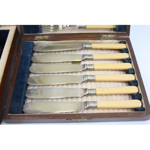 587 - Vintage Cutlery Sets EPNS FishSets Ivorine Wooden Canteen w/ Fish Engraving x2