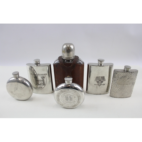 582 - 6 x Vintage Hip Flasks Inc Cambridge / Oxford University, Celtic FC, Pewter Etc