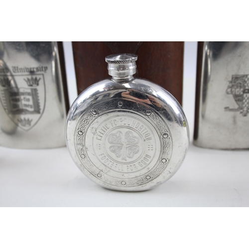 582 - 6 x Vintage Hip Flasks Inc Cambridge / Oxford University, Celtic FC, Pewter Etc