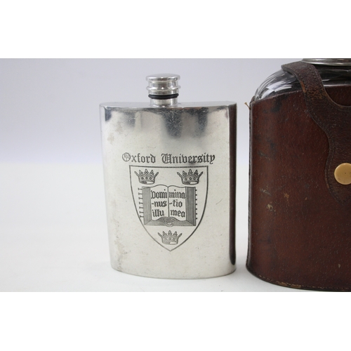 582 - 6 x Vintage Hip Flasks Inc Cambridge / Oxford University, Celtic FC, Pewter Etc