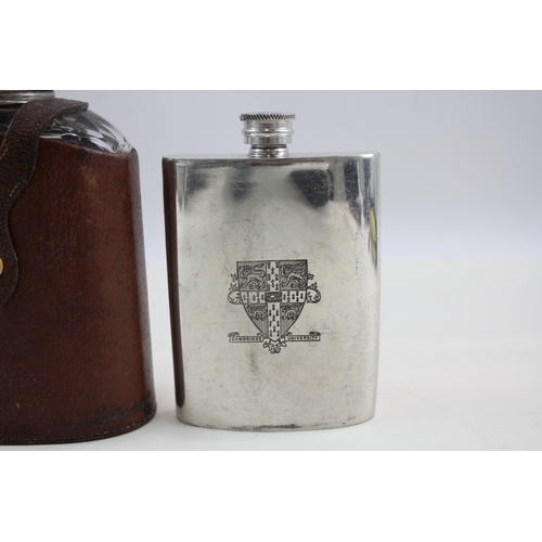 582 - 6 x Vintage Hip Flasks Inc Cambridge / Oxford University, Celtic FC, Pewter Etc