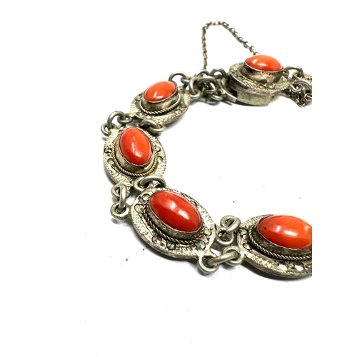 300 - Vintage silver & coral & marcasite bracelet weight 12g