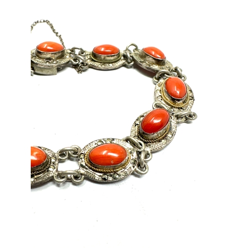 300 - Vintage silver & coral & marcasite bracelet weight 12g