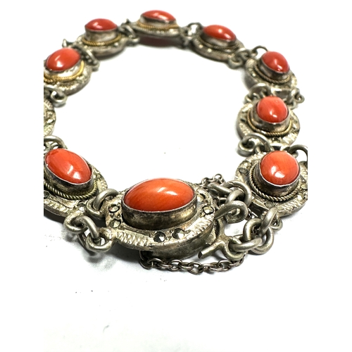 300 - Vintage silver & coral & marcasite bracelet weight 12g