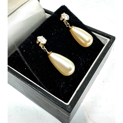 177 - 9ct gold cultured pearl & white gemstone earrings weight 1.9g no earring backs