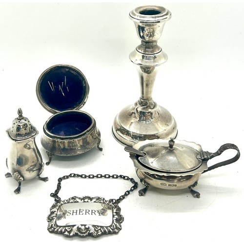 516 - Selection hallmarked silver pieces to include weighted candle stick, pin cushion, Sherry label, cond... 