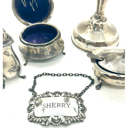 516 - Selection hallmarked silver pieces to include weighted candle stick, pin cushion, Sherry label, cond... 