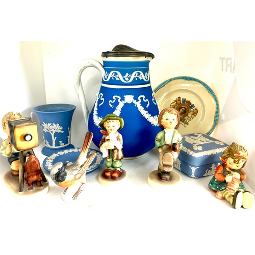 84 - Selection Jasperware, goebel figures and a lidded vintage blue and white water jug