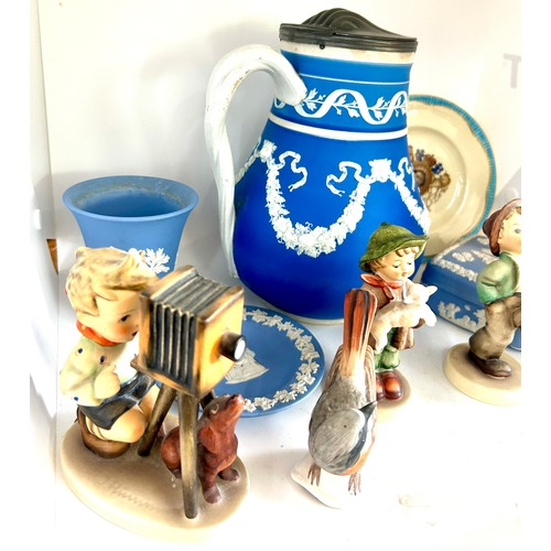 84 - Selection Jasperware, goebel figures and a lidded vintage blue and white water jug