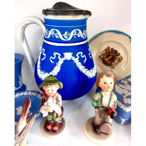 84 - Selection Jasperware, goebel figures and a lidded vintage blue and white water jug