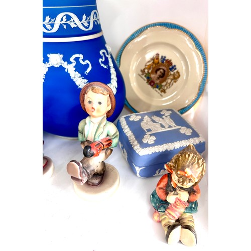 84 - Selection Jasperware, goebel figures and a lidded vintage blue and white water jug