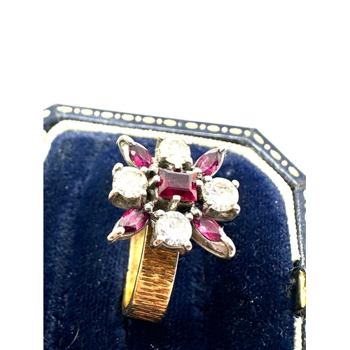 197 - 18ct gold ruby & diamond ring set with 4 diamonds est 80 pts diamonds weight 7g