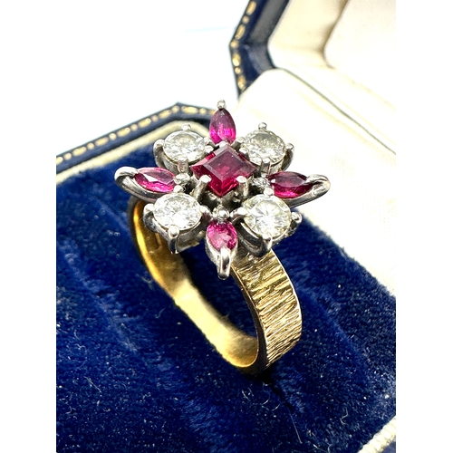 197 - 18ct gold ruby & diamond ring set with 4 diamonds est 80 pts diamonds weight 7g