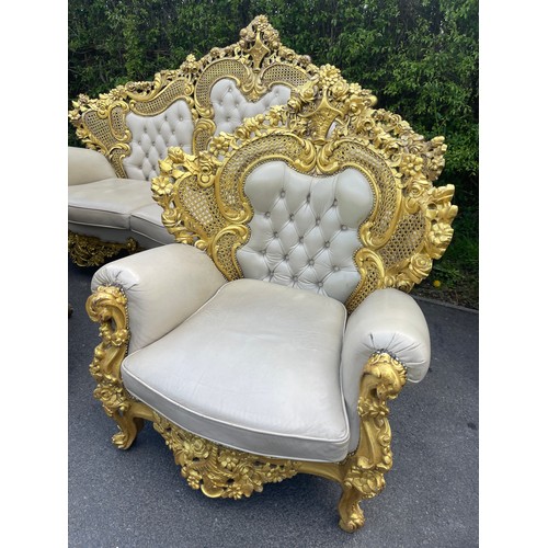 439 - Gilt framed Italian style leather three piece suite. resin frame, approximate measurements of 3 seat... 